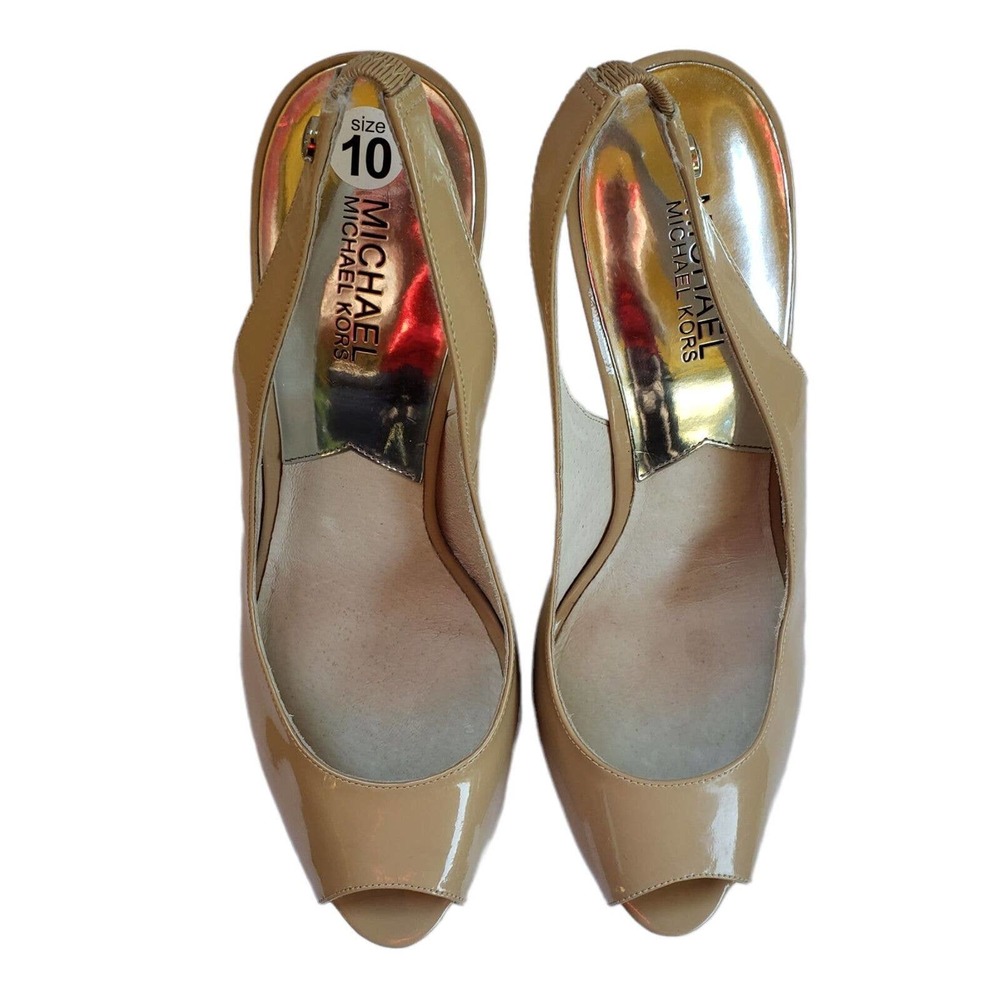 Michael Michael Kors Slingback Platform Pump 10 Women Tan Patent Leather Peeptoe - Picture 8 of 12